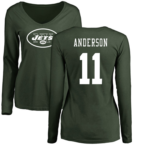New York Jets Green Women Robby Anderson Name and Number Logo NFL Football #11 Long Sleeve T Shirt->women nfl jersey->Women Jersey